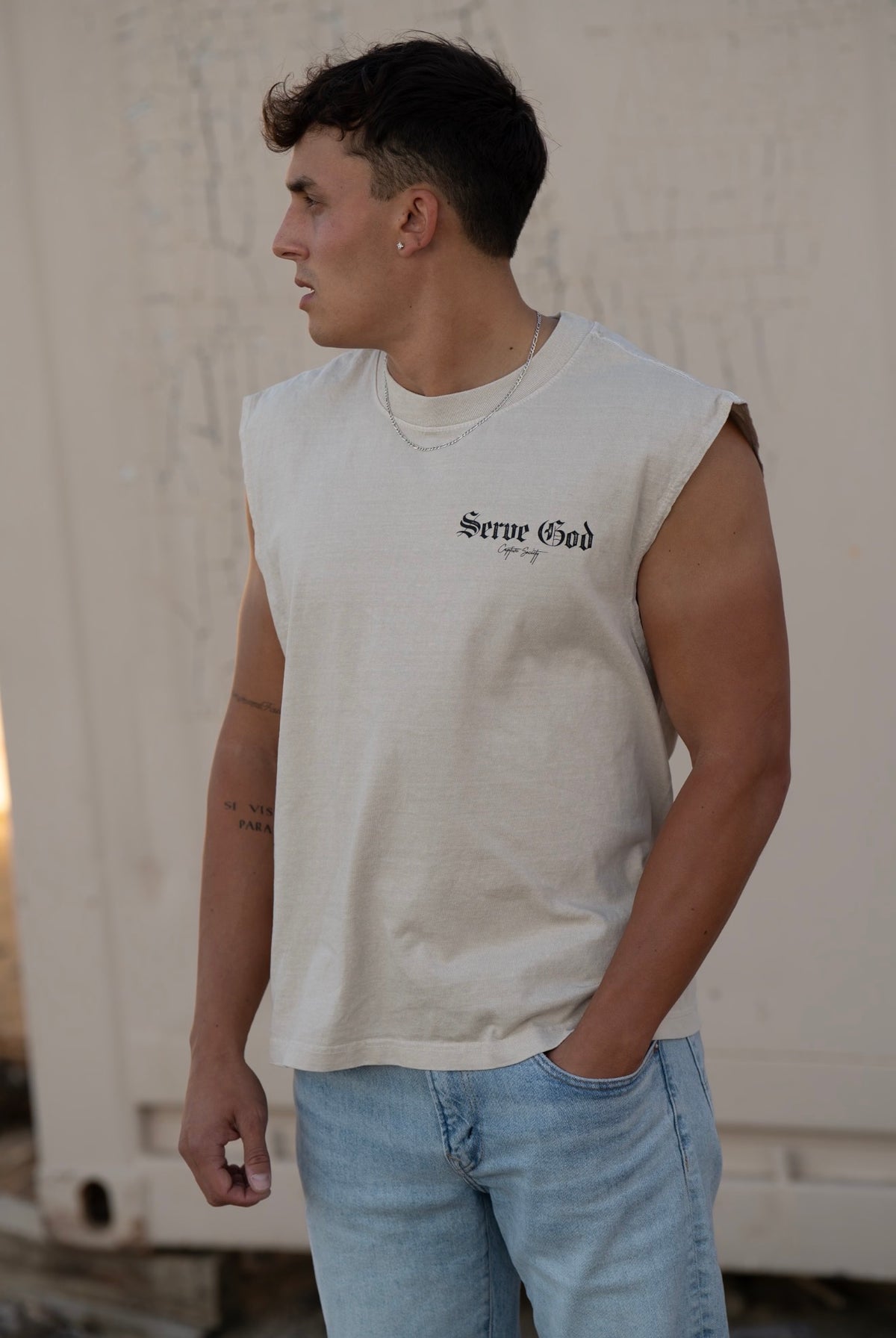 Serve God Mid-Length Muscle Tank - Faded Bone x Black