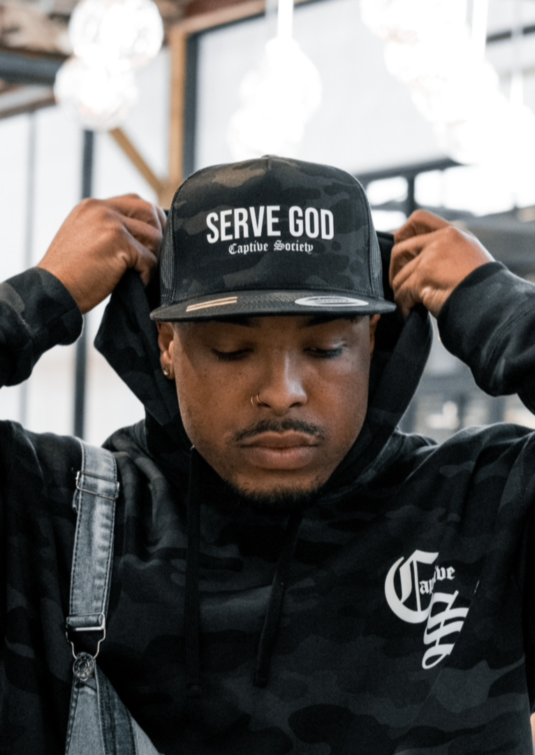 SERVE GOD BLACK CAMO SNAPBACK HAT