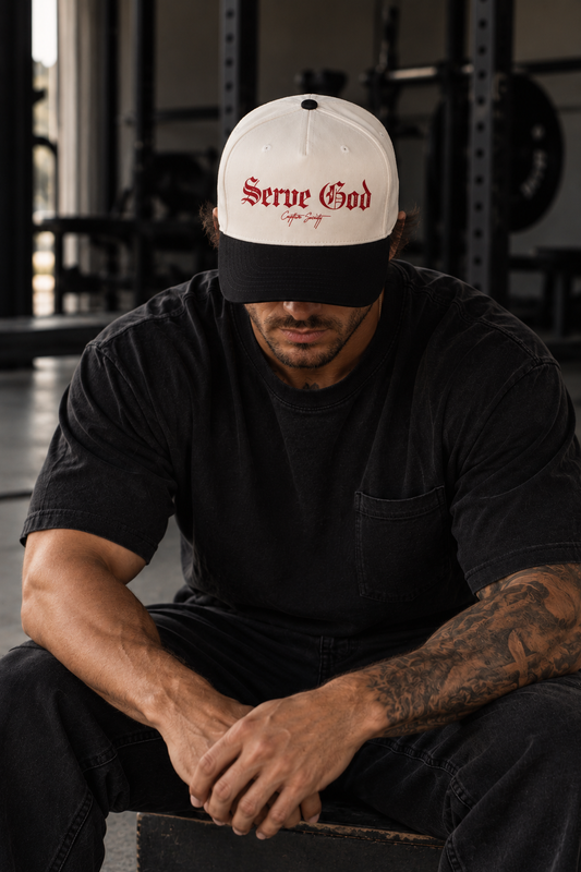 RED X OFF WHITE SERVE GOD TRUCKER HAT
