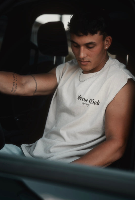Serve God Mid-Length Muscle Tank - Faded Bone x Black