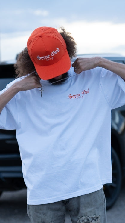Blaze Orange Serve God Trucker