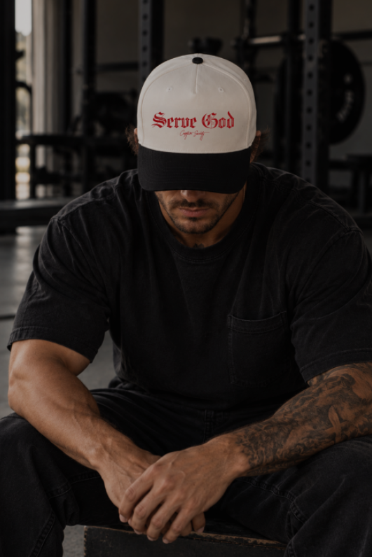 RED X OFF WHITE SERVE GOD TRUCKER HAT